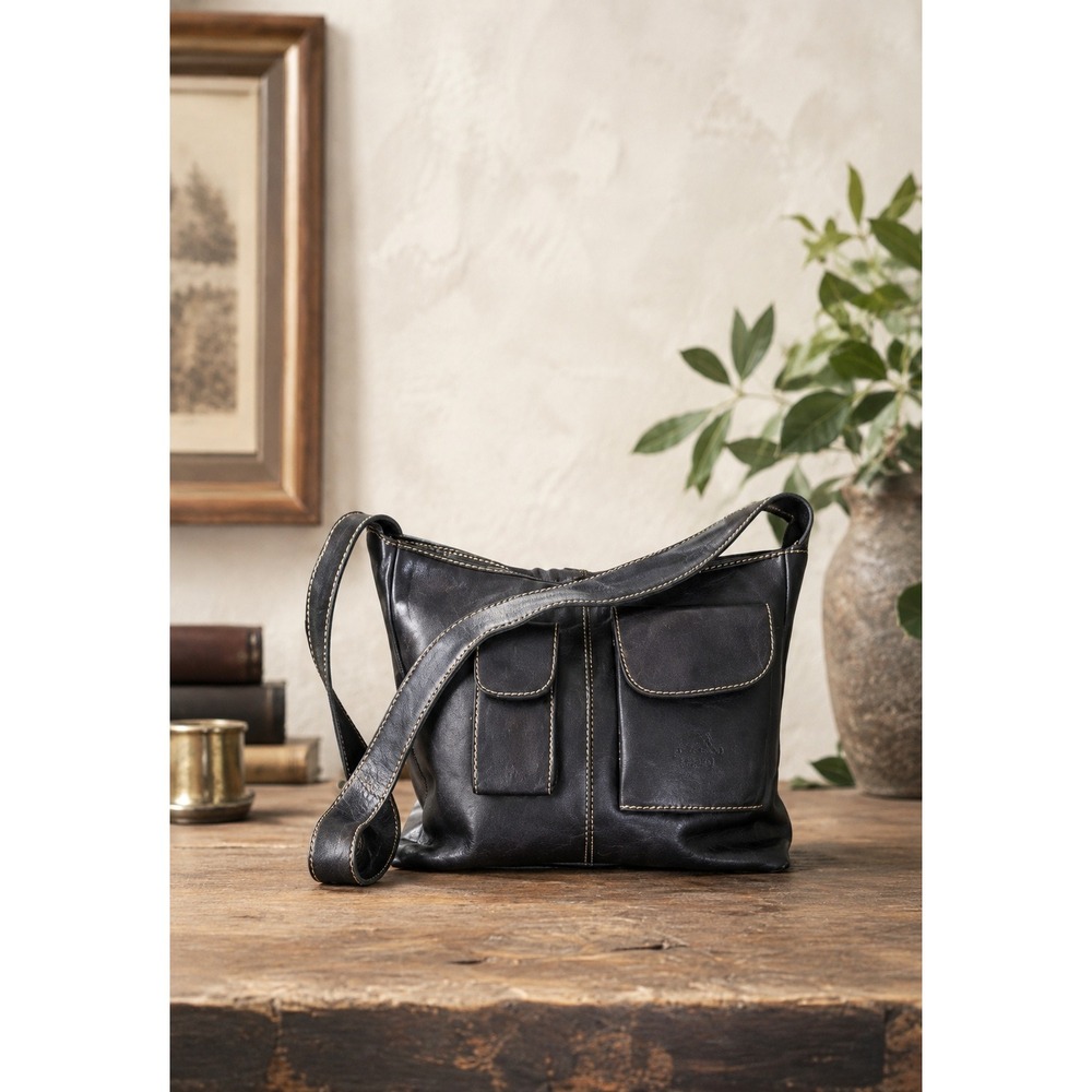 Vintage Black Leather Shoulder Bag Messenger Purse Minimalist Utility Pocket Bag